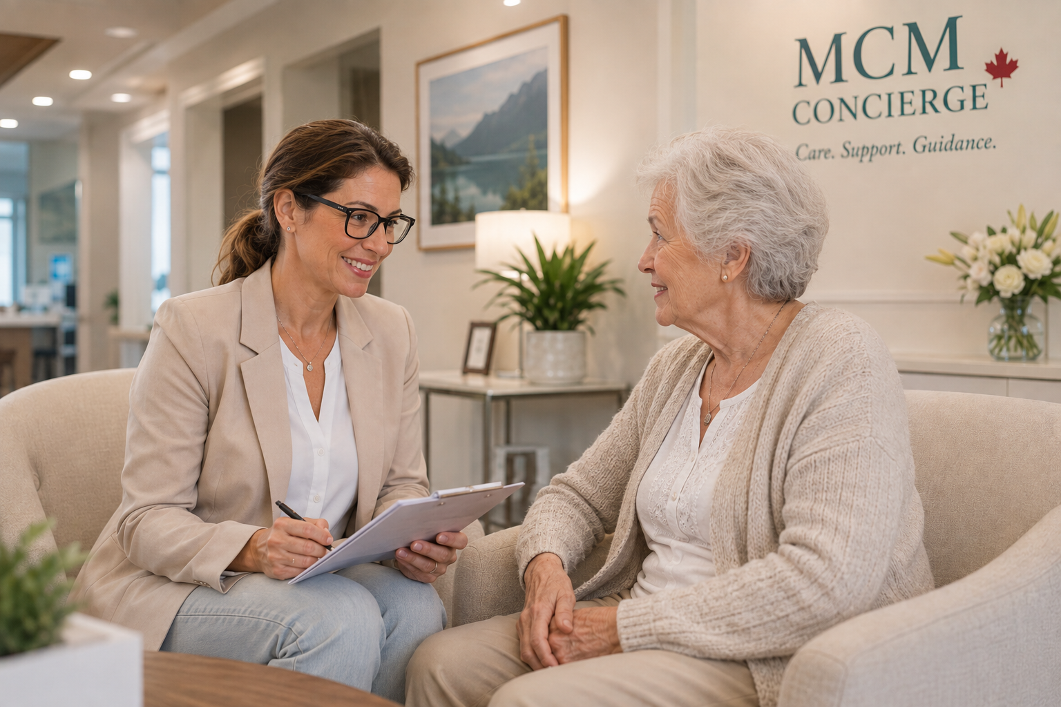 A support advisor listening to an older adult during a friendly consultation